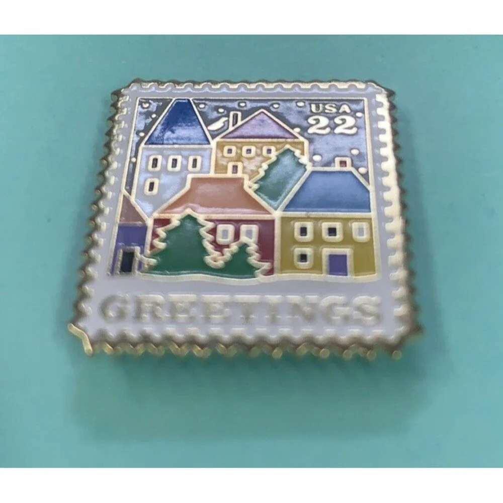 Greetings USA 22 Postage Stamp Snowy Village Houses Holiday Postal Pin